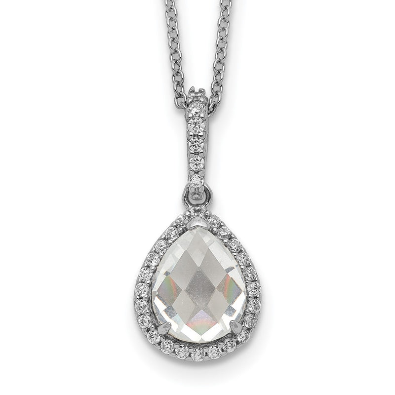 Sterling Silver Cheryl M Rhodium-Plated Checkerboard-Cut And Brilliant-Cut Cz Halo Teardrop 18 Inch Necklace
