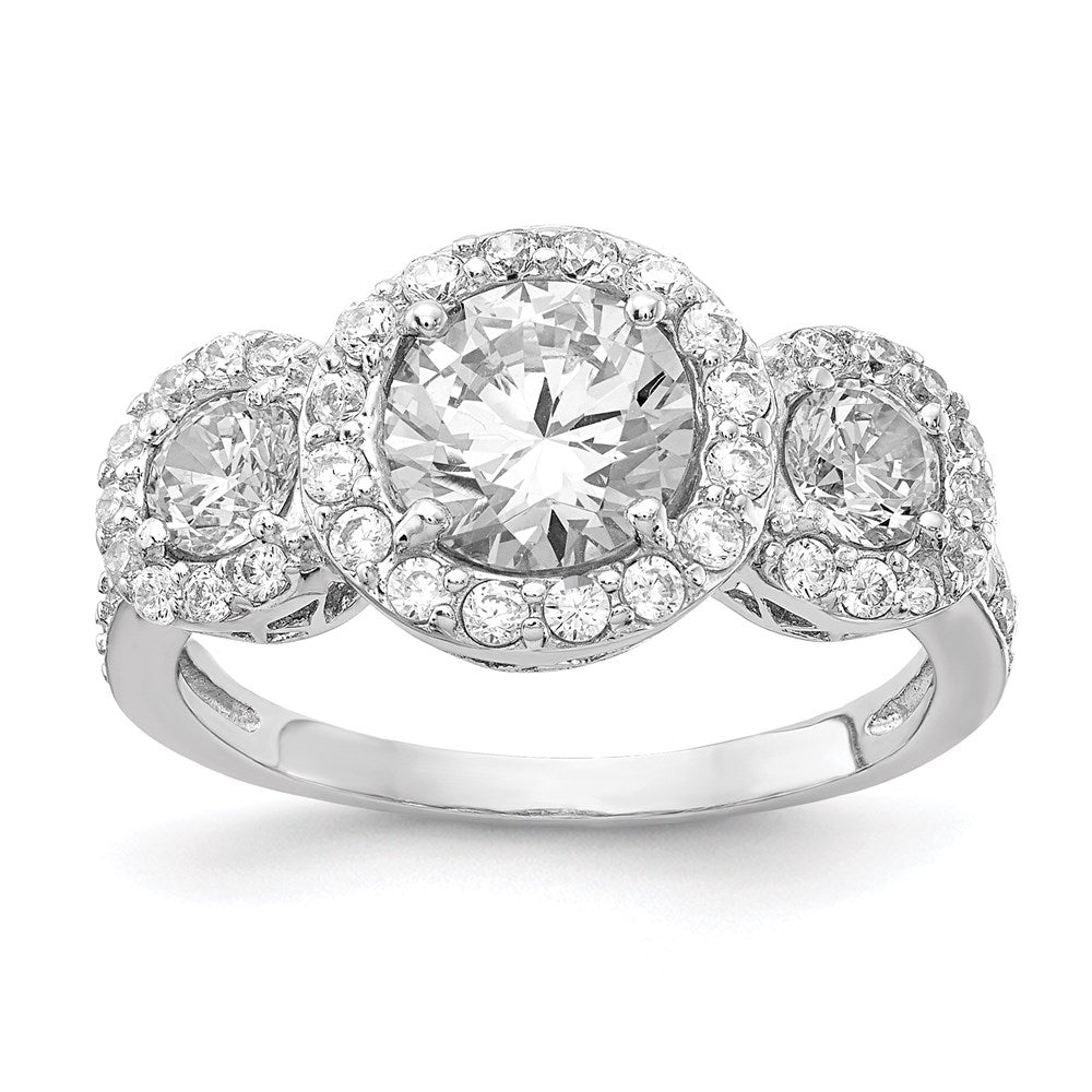 Sterling Silver Cheryl M Rhodium-Plated Brilliant-Cut Cz Three Stone Halo Ring