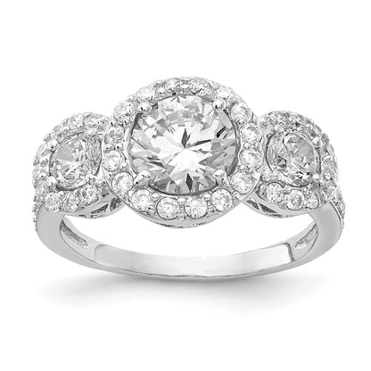 Sterling Silver Cheryl M Rhodium-Plated Brilliant-Cut Cz Three Stone Halo Ring