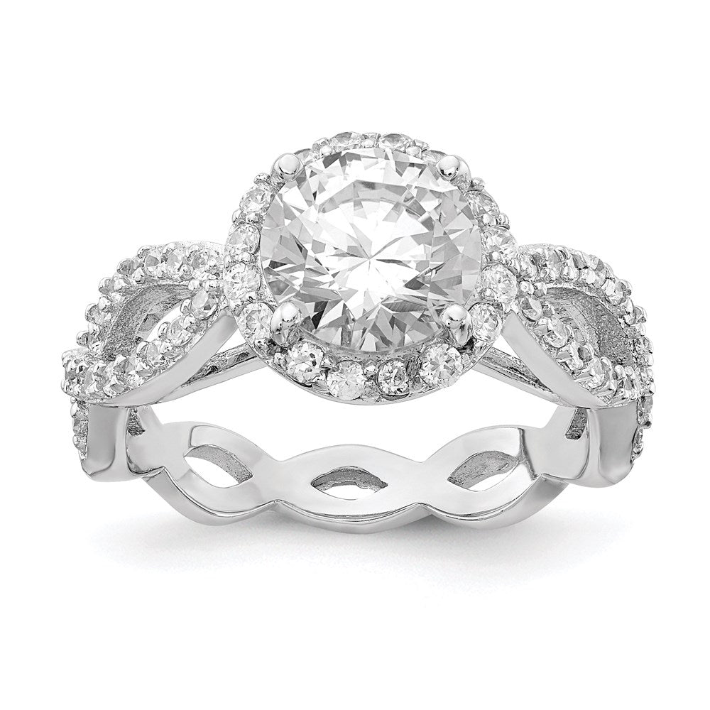 Sterling Silver Cheryl M Rhodium-Plated Brilliant-Cut Round Cz Halo Center And Twisted Design Ring