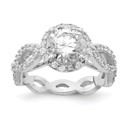 Sterling Silver Cheryl M Rhodium-Plated Brilliant-Cut Round Cz Halo Center And Twisted Design Ring