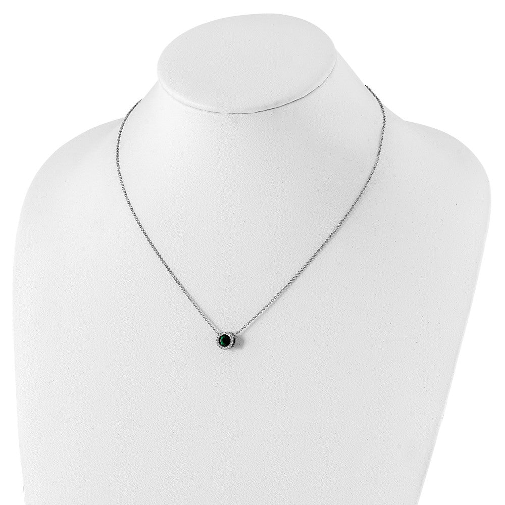 Sterling Silver Cheryl M Rhodium-Plated Brilliant-Cut Green Glass And White Cz Halo 18 Inch Necklace