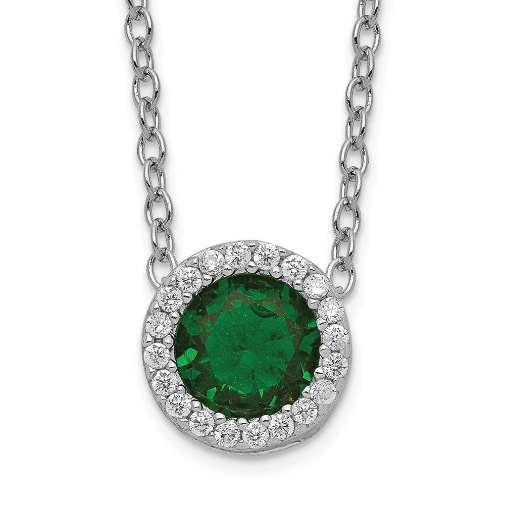 Sterling Silver Cheryl M Rhodium-Plated Brilliant-Cut Green Glass And White Cz Halo 18 Inch Necklace