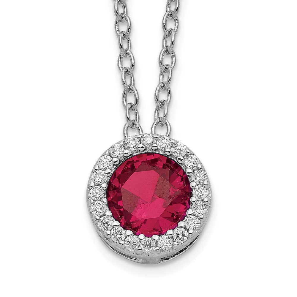 Sterling Silver Cheryl M Rhodium-Plated Brilliant-Cut Lab Created Ruby And White Cz Round Halo 18 Inch Necklace