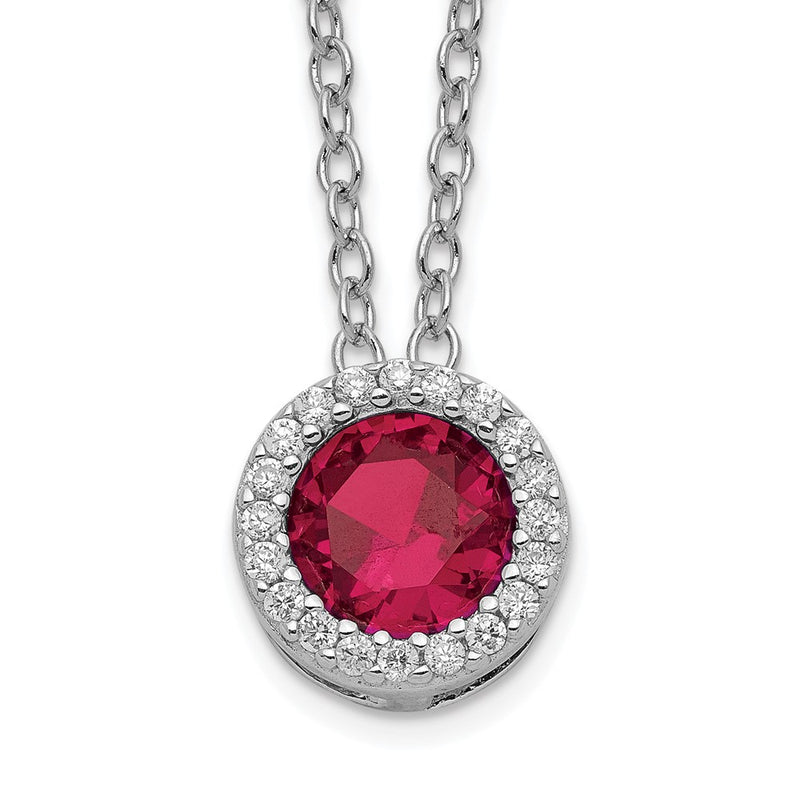 Sterling Silver Cheryl M Rhodium-Plated Brilliant-Cut Lab Created Ruby And White Cz Round Halo 18 Inch Necklace