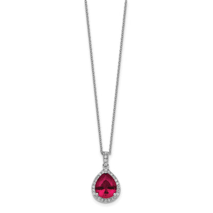 Sterling Silver Cheryl M Rhodium-Plated Brilliant-Cut Lab Created Ruby And White Cz Teardrop Halo 18 Inch Necklace