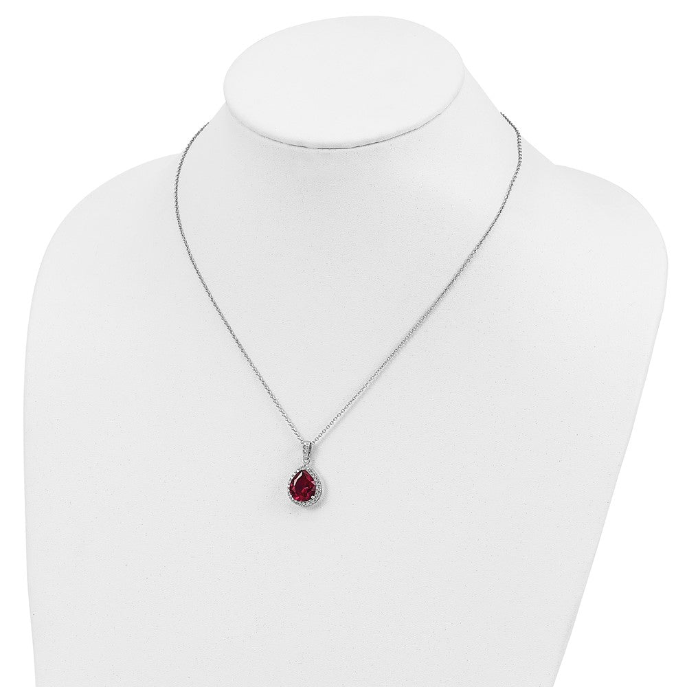 Sterling Silver Cheryl M Rhodium-Plated Brilliant-Cut Lab Created Ruby And White Cz Teardrop Halo 18 Inch Necklace