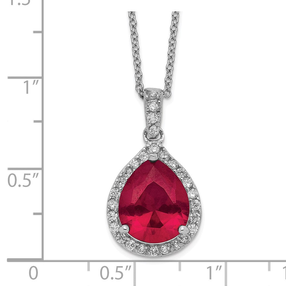 Sterling Silver Cheryl M Rhodium-Plated Brilliant-Cut Lab Created Ruby And White Cz Teardrop Halo 18 Inch Necklace