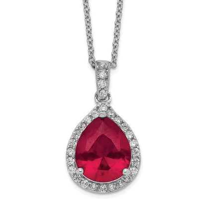Sterling Silver Cheryl M Rhodium-Plated Brilliant-Cut Lab Created Ruby And White Cz Teardrop Halo 18 Inch Necklace