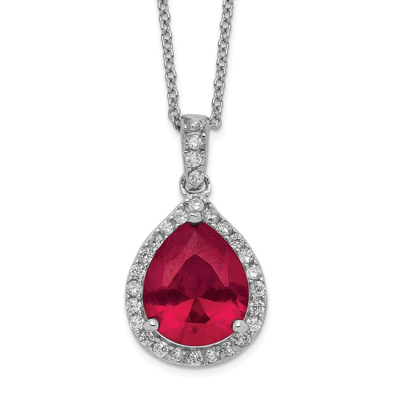 Sterling Silver Cheryl M Rhodium-Plated Brilliant-Cut Lab Created Ruby And White Cz Teardrop Halo 18 Inch Necklace