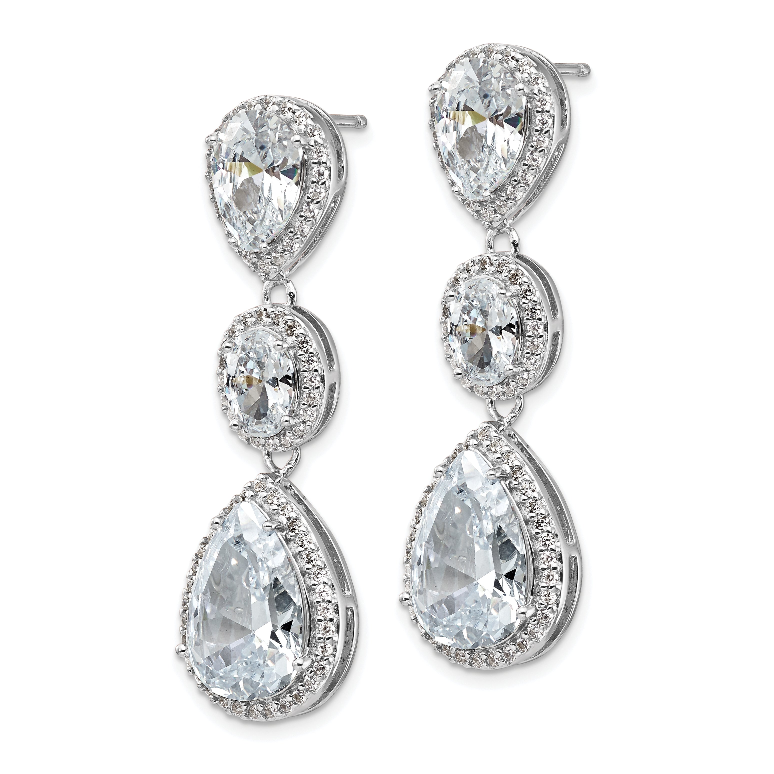 Sterling Silver Cheryl M Rhodium-Plated Brilliant-Cut Three Teardrop Cz Halo Post Dangle Earrings
