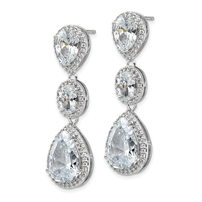 Sterling Silver Cheryl M Rhodium-Plated Brilliant-Cut Three Teardrop Cz Halo Post Dangle Earrings