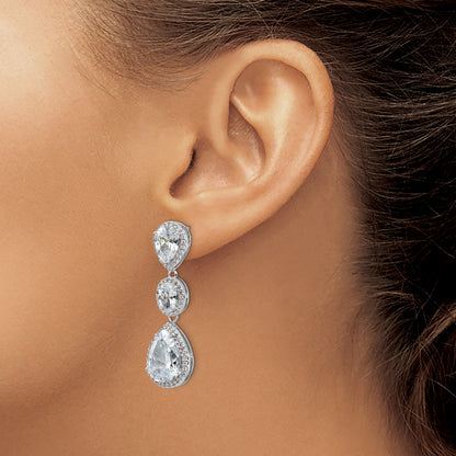 Sterling Silver Cheryl M Rhodium-Plated Brilliant-Cut Three Teardrop Cz Halo Post Dangle Earrings