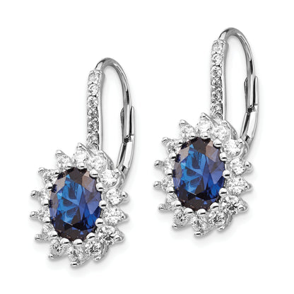 Sterling Silver Cheryl M Rhodium-Plated Brilliant-Cut Lab Created Dark Blue Spinel And White Cz Oval Halo Leverback Earrings