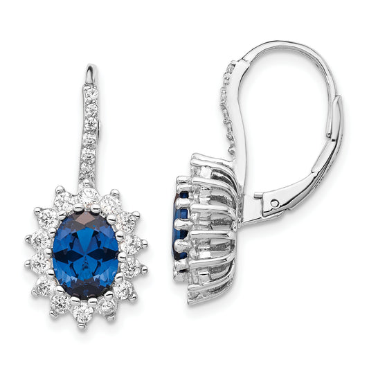 Sterling Silver Cheryl M Rhodium-Plated Brilliant-Cut Lab Created Dark Blue Spinel And White Cz Oval Halo Leverback Earrings
