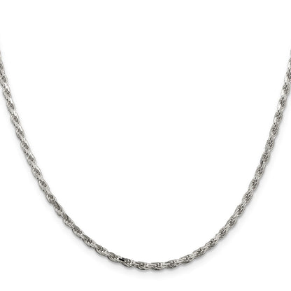 36 Inch Sterling Silver Rhodium-Plated 2.5mm Diamond-Cut Rope Chain Necklace