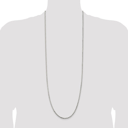 36 Inch Sterling Silver Rhodium-Plated 2.5mm Diamond-Cut Rope Chain Necklace