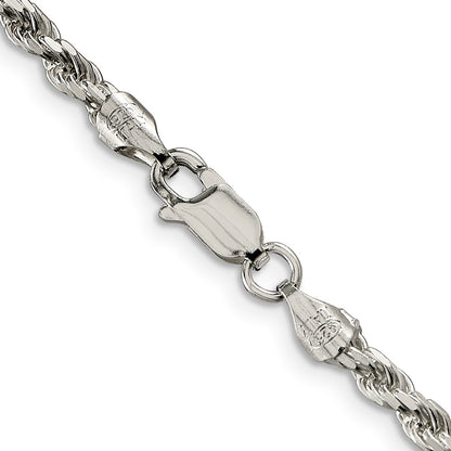 36 Inch Sterling Silver Rhodium-Plated 3.2mm Diamond-Cut Rope Chain Necklace