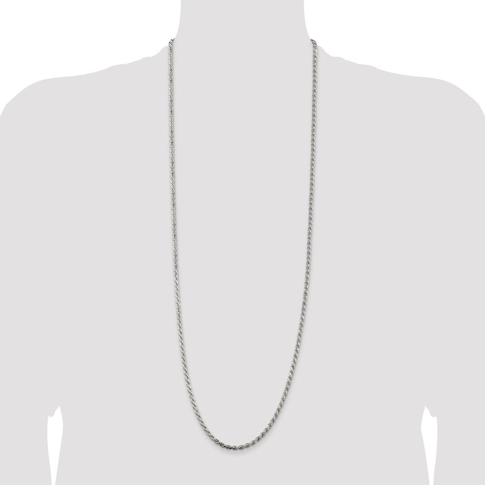 36 Inch Sterling Silver Rhodium-Plated 3.2mm Diamond-Cut Rope Chain Necklace