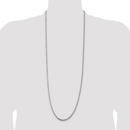 36 Inch Sterling Silver Rhodium-Plated 3.2mm Diamond-Cut Rope Chain Necklace