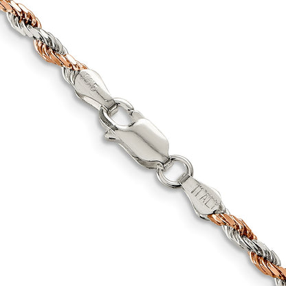 24 Inch Sterling Silver And Rose Vermeil 2.5mm Diamond-Cut Rope Chain Necklace