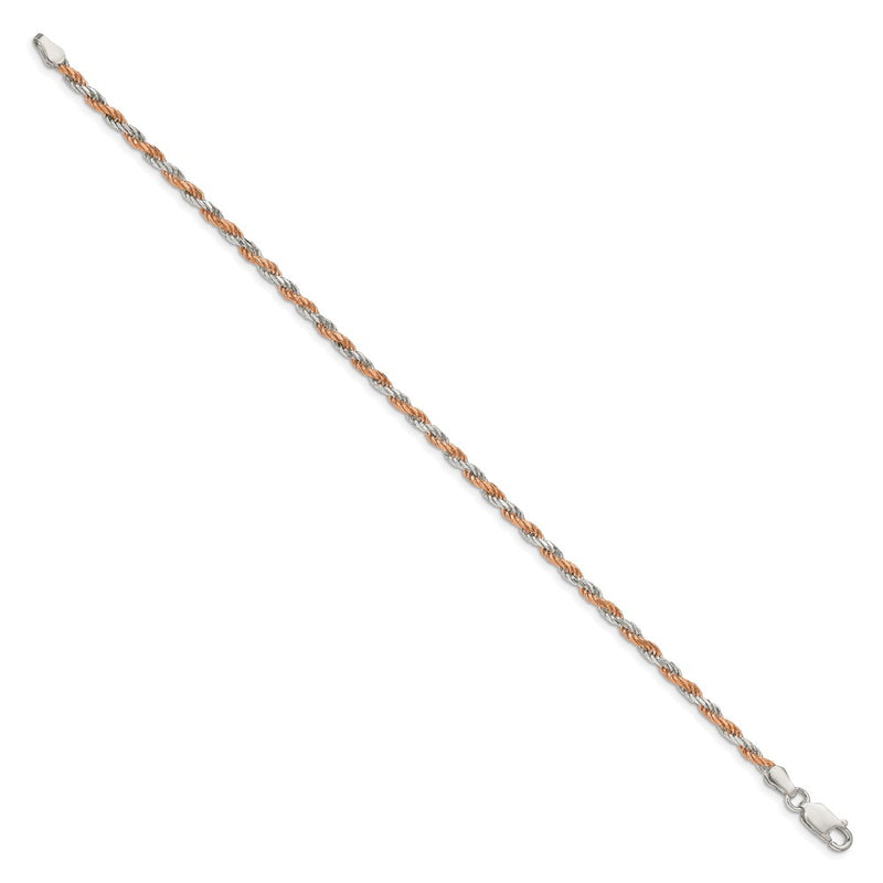 8 Inch Sterling Silver And Rose Vermeil 2.5mm Diamond-cut Rope Chain Bracelet