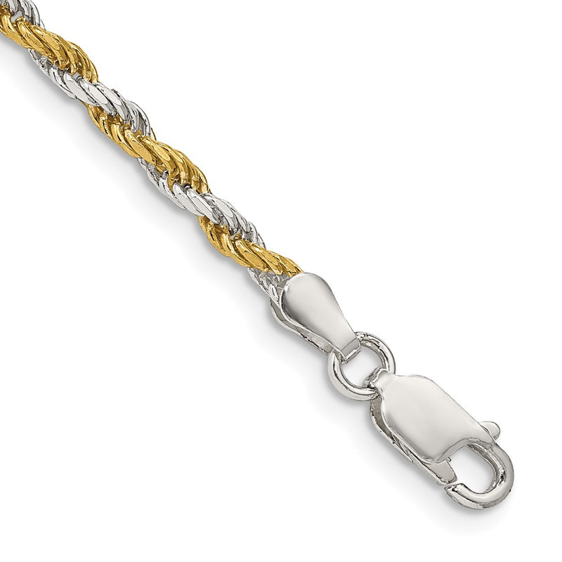 7 Inch Sterling Silver And Vermeil 2.5mm Diamond-cut Rope Chain Bracelet