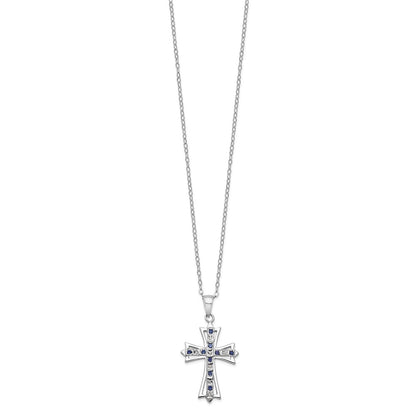 Sterling Silver Diamond Fascination Mystique Platinum-Plated And Sapphire Cross 18 Inch Necklace