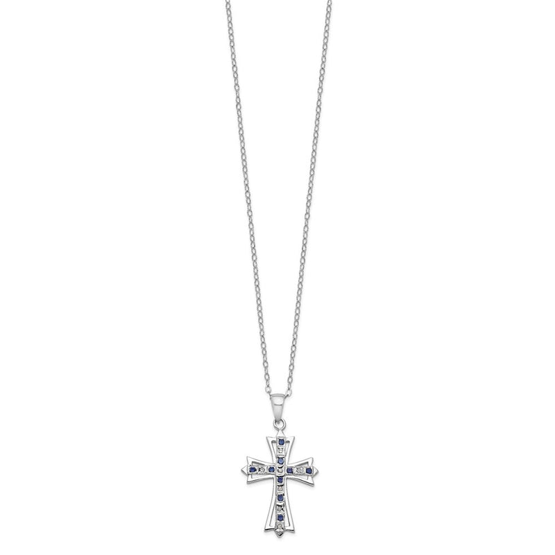 Sterling Silver Diamond Fascination Mystique Platinum-Plated And Sapphire Cross 18 Inch Necklace