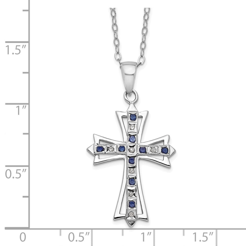Sterling Silver Diamond Fascination Mystique Platinum-Plated And Sapphire Cross 18 Inch Necklace