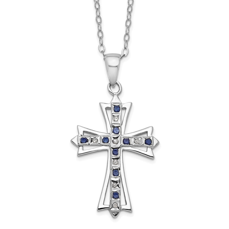 Sterling Silver Diamond Fascination Mystique Platinum-Plated And Sapphire Cross 18 Inch Necklace