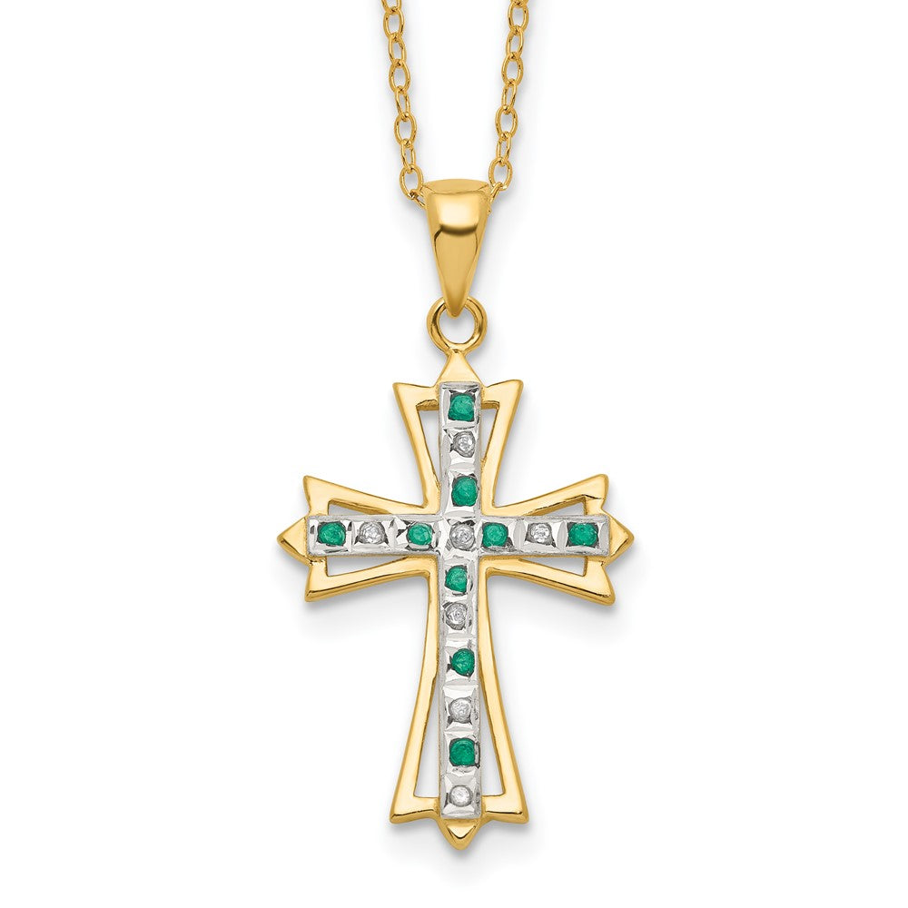Sterling Silver Diamond Fascination Mystique 18K Gold-Plated And Emerald Cross 18 Inch Necklace