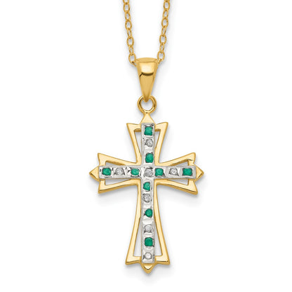 Sterling Silver Diamond Fascination Mystique 18K Gold-Plated And Emerald Cross 18 Inch Necklace