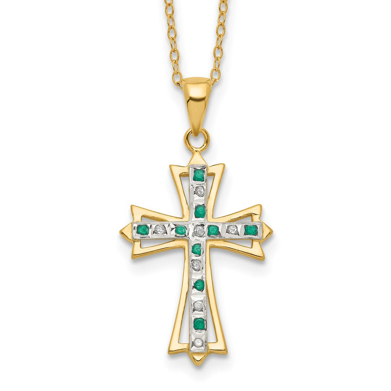 Sterling Silver Diamond Fascination Mystique 18K Gold-Plated And Emerald Cross 18 Inch Necklace