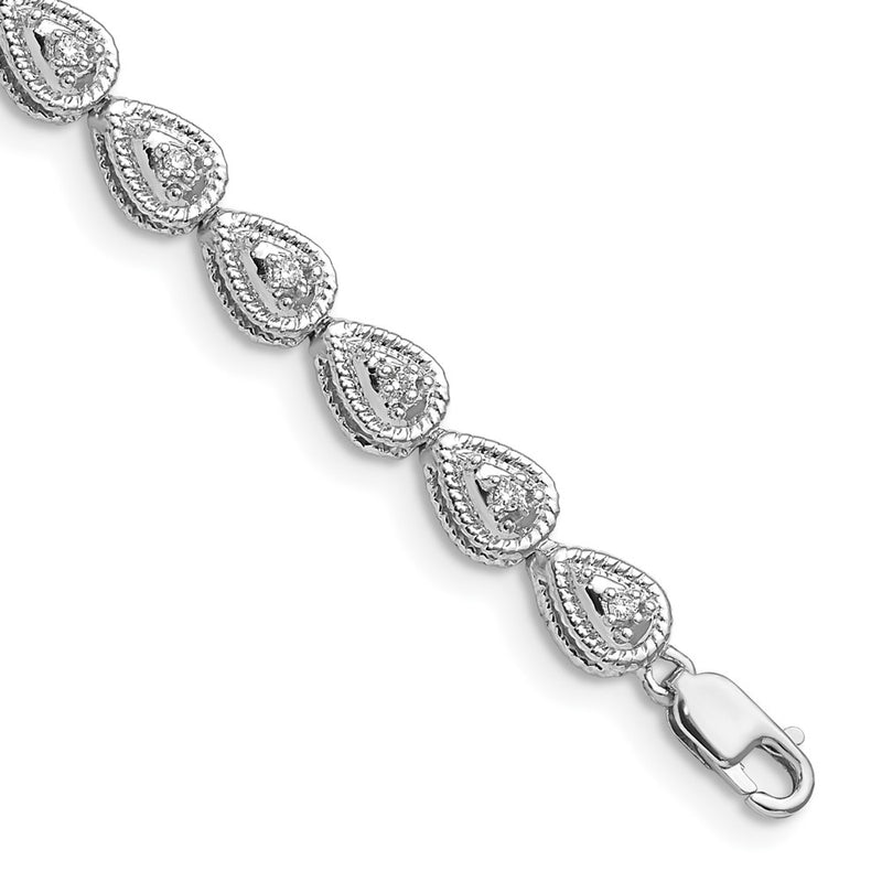 7 Inch Sterling Silver Rhodium Plated Diamond Teardrop Link Bracelet