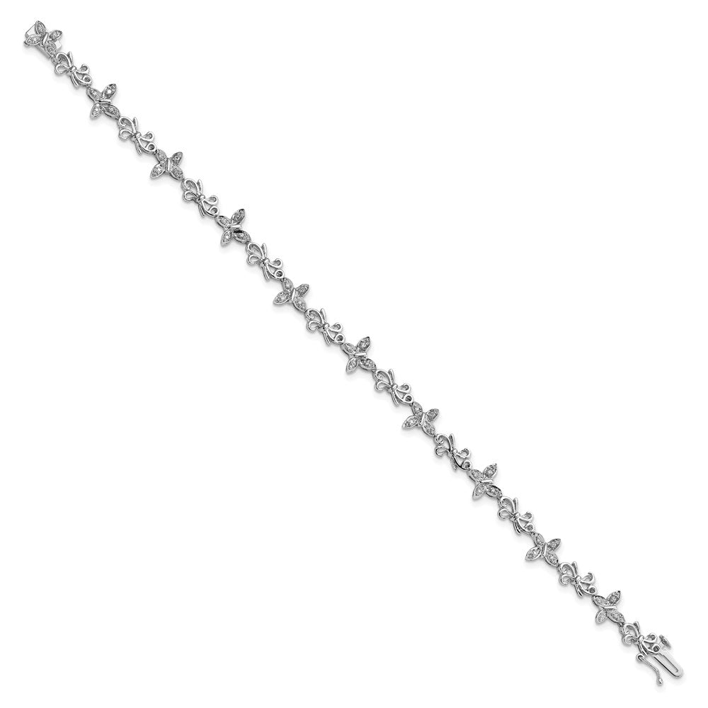7 Inch Sterling Silver Rhodium-Plated Diamon Butterfly & Bows Bracelet