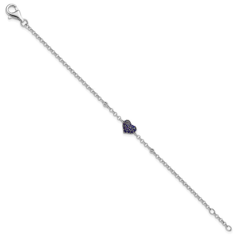 7 Inch Sterling Silver Rhodium Diam. & Sapphire Heart Bracelet