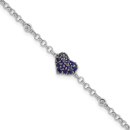 7 Inch Sterling Silver Rhodium Diam. & Sapphire Heart Bracelet