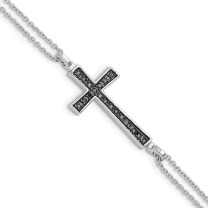 6.5 Inch Sterling Silver Rhod 0.1Ct. Blk & Wht Dia. Rvsble Cross 2 Strand Bracelet