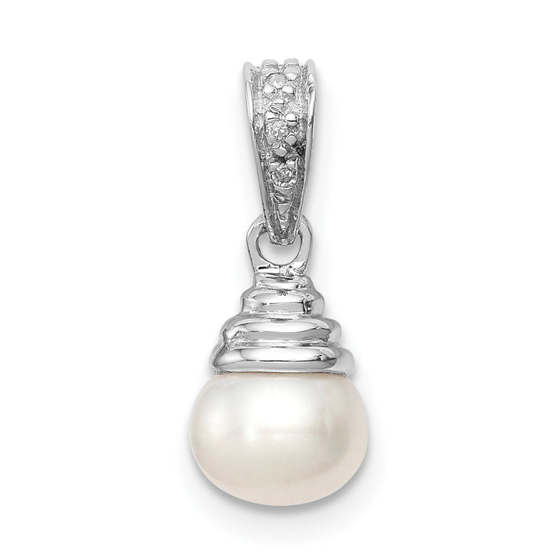 Sterling Silver Rhodium 5-6mm Fw Cultured Pearl & Diamond Pendant