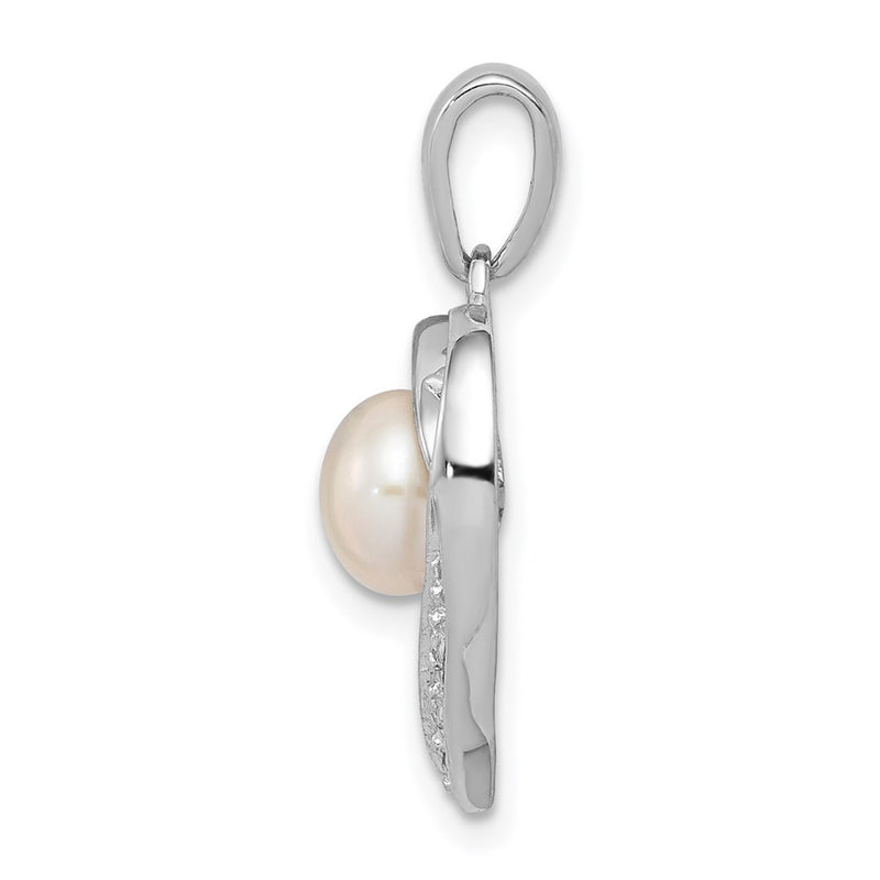 Sterling Silver Rhodium 6mm Fw Cultured Pearl & Diamond Heart Pendant