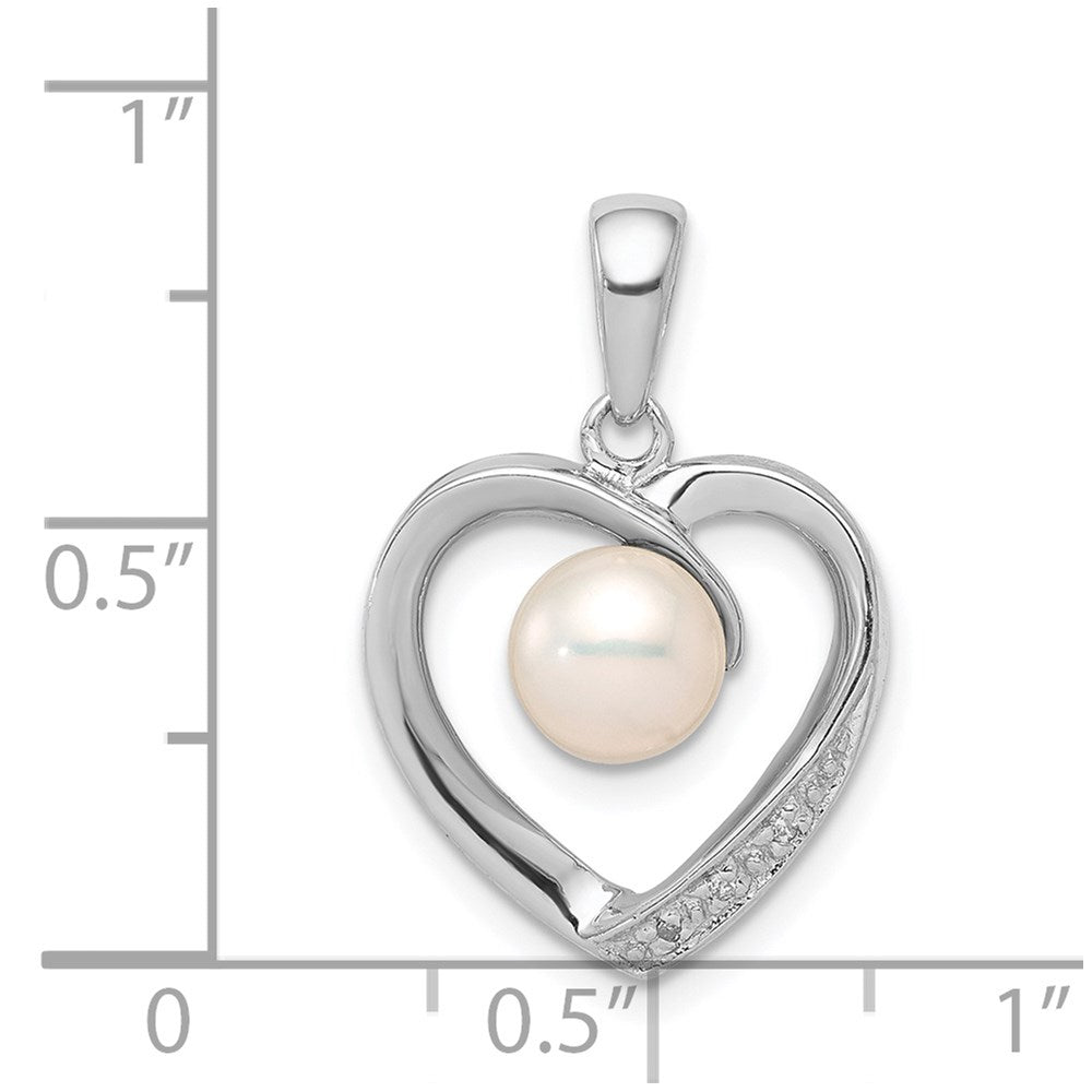 Sterling Silver Rhodium 6mm Fw Cultured Pearl & Diamond Heart Pendant
