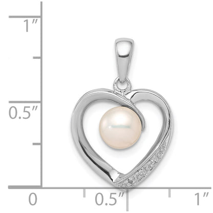 Sterling Silver Rhodium 6mm Fw Cultured Pearl & Diamond Heart Pendant
