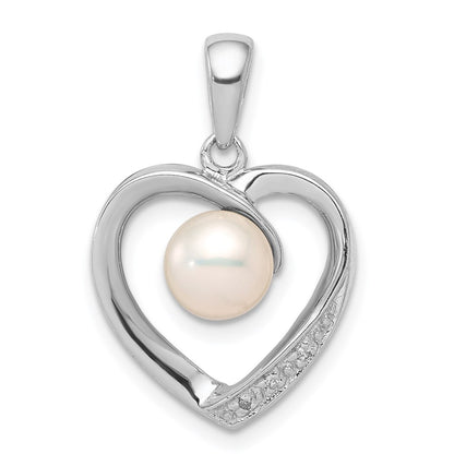 Sterling Silver Rhodium 6mm Fw Cultured Pearl & Diamond Heart Pendant