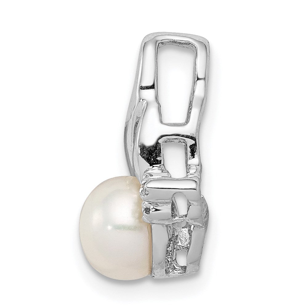 Sterling Silver Rhodium 6mm Fw Cultured Pearl & Diamond Chain Slide