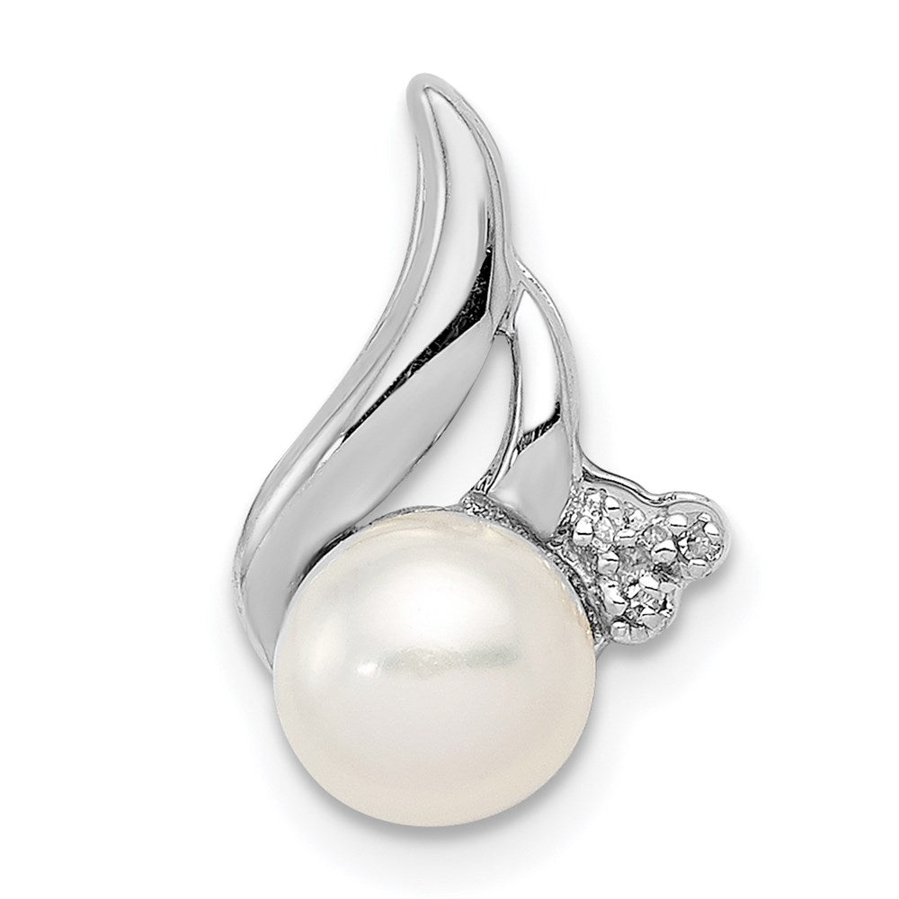 Sterling Silver Rhodium 6mm Fw Cultured Pearl & Diamond Chain Slide