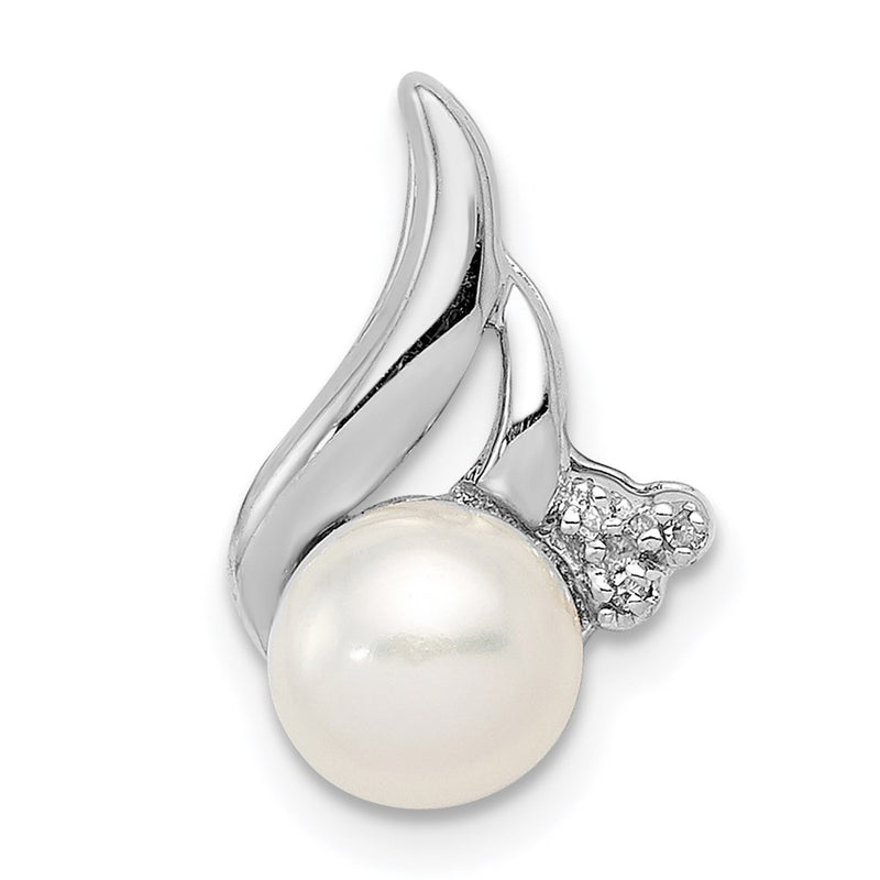 Sterling Silver Rhodium 6mm Fw Cultured Pearl & Diamond Chain Slide