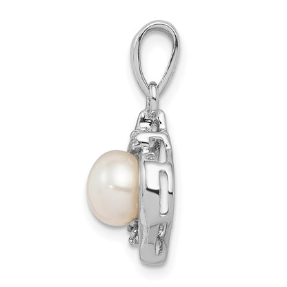 Sterling Silver Rhodium 6mm Fw Cultured Pearl & Diamond Pendant