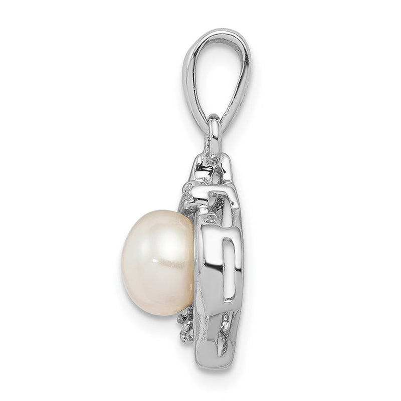 Sterling Silver Rhodium 6mm Fw Cultured Pearl & Diamond Pendant
