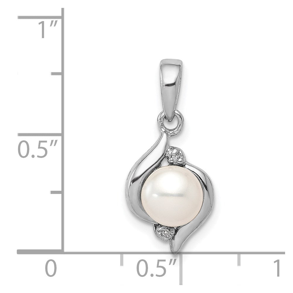 Sterling Silver Rhodium 6mm Fw Cultured Pearl & Diamond Pendant